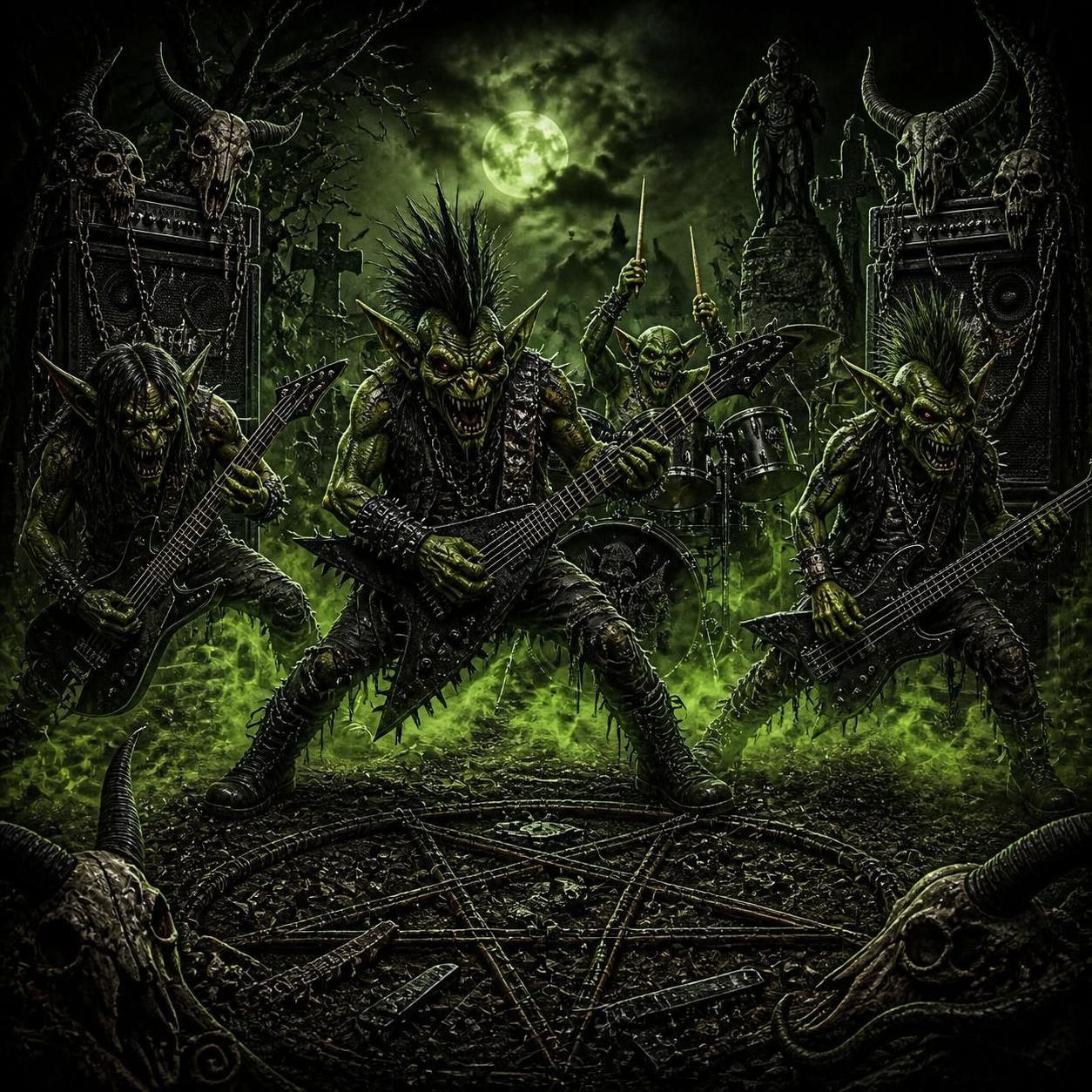 Goblins jamming in a graveyard under a green moon