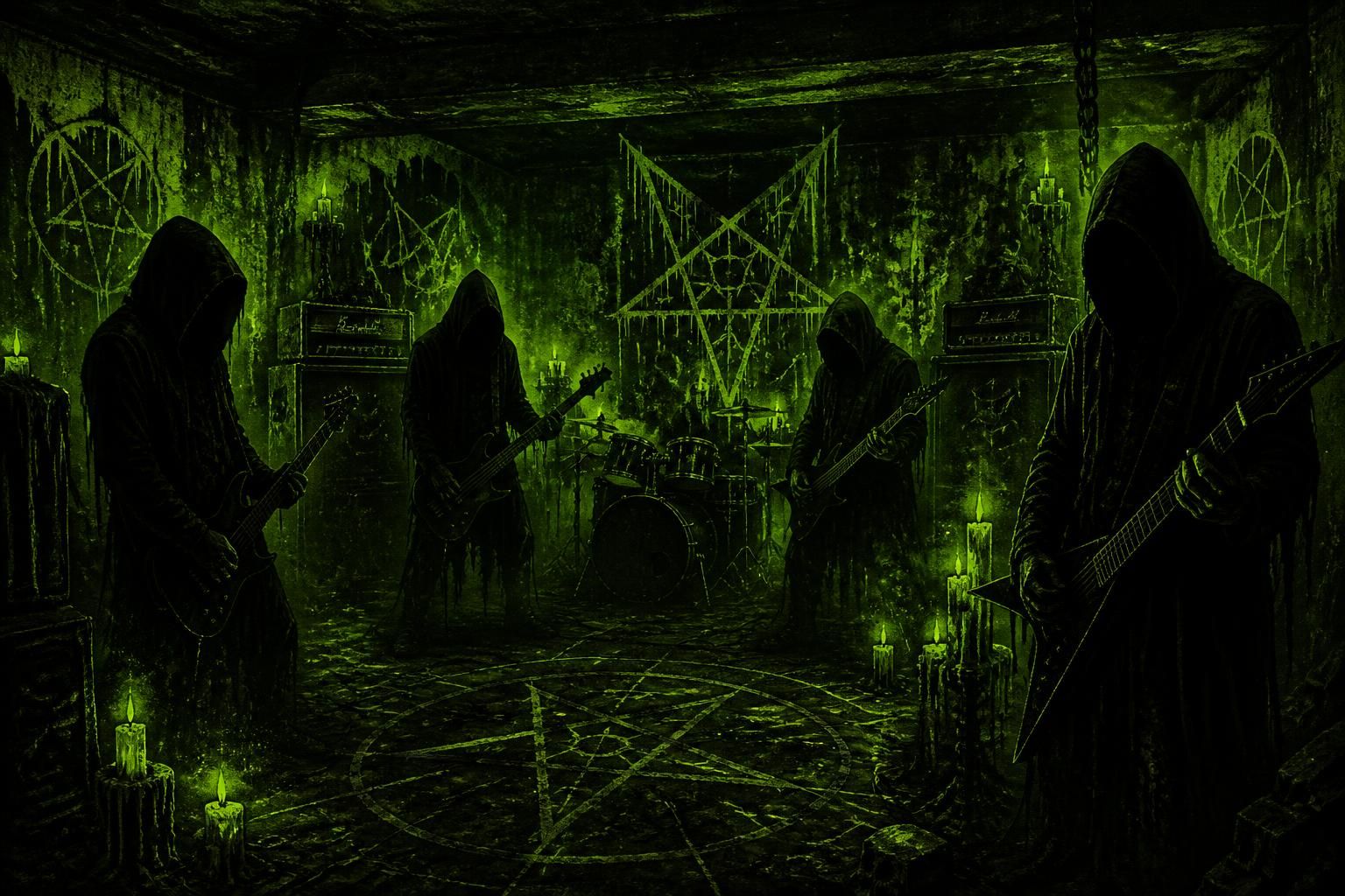 Hooded figures with guitars in a candle-lit ritual room